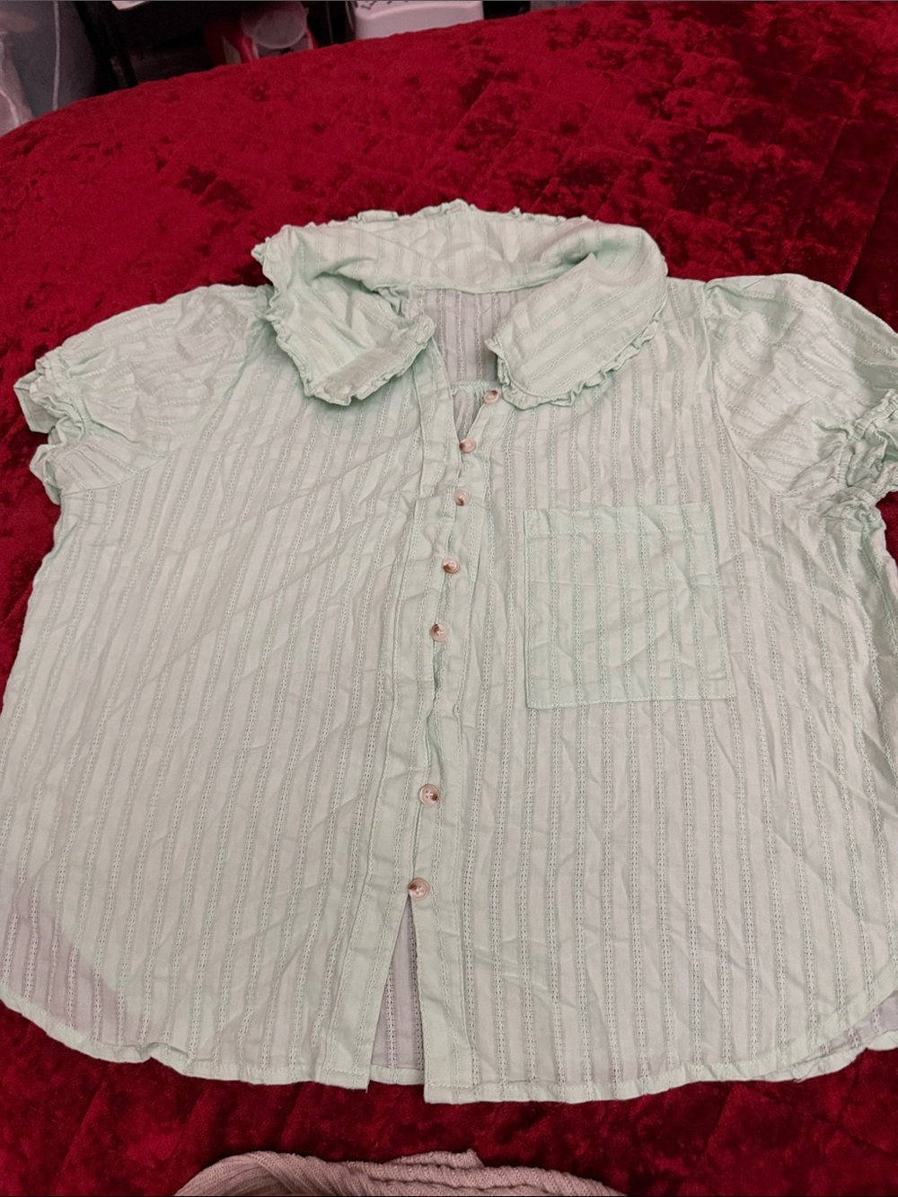 B12 Woman’s Mint Green Ruffle Collar Button-Front Top